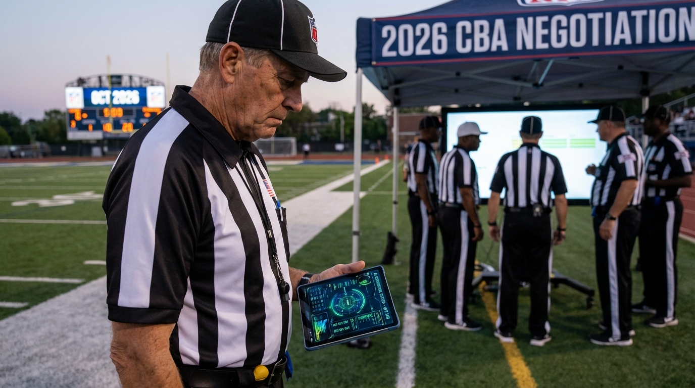 Lonely NFL referee standing on field at dusk
