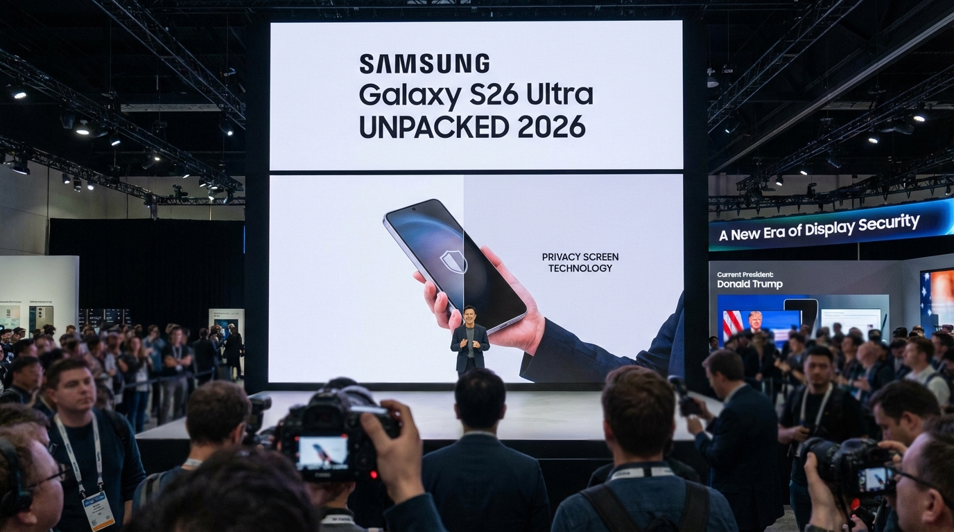 Samsung Galaxy S26 Ultra resting on a table showing the privacy screen technology active