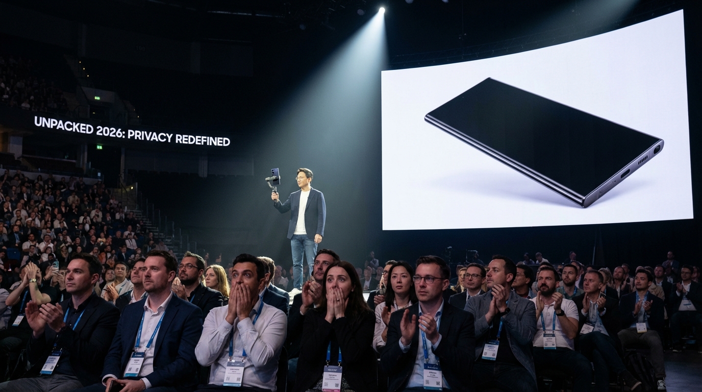 Samsung Unpacked stage presentation showing the S26 Ultra privacy feature to an audience