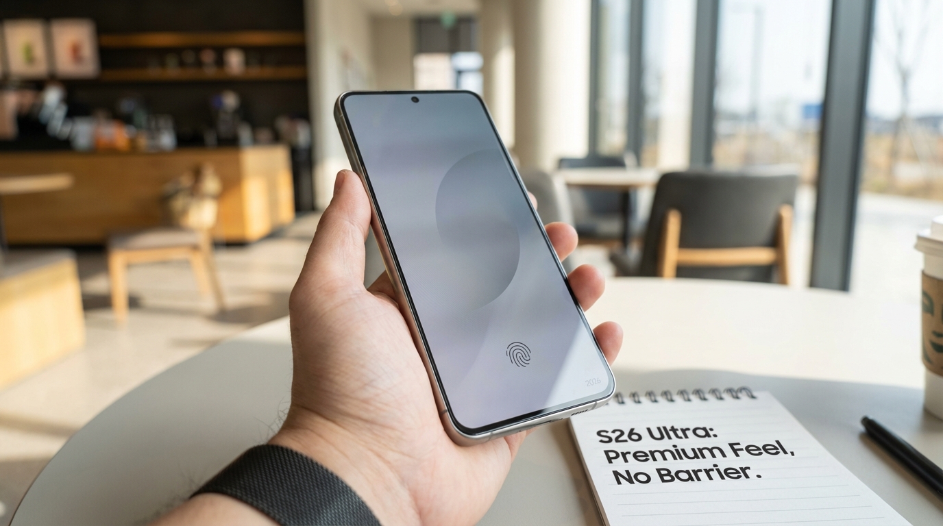 Close up of finger using the ultrasonic fingerprint scanner on the S26 Ultra display