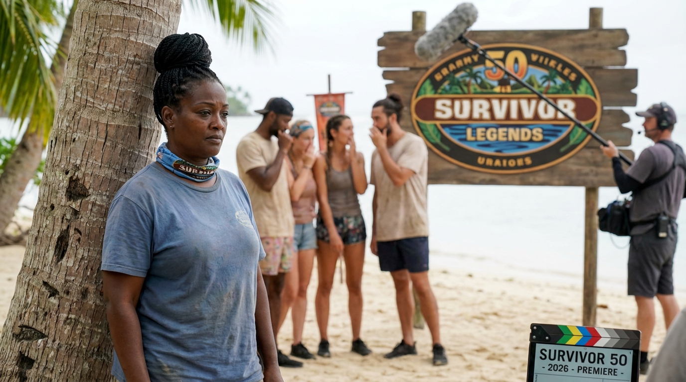 Survivor 50 cast standing on a Fiji beach during the premiere marooning