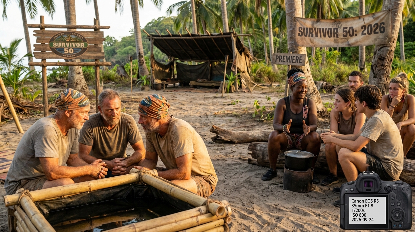 Survivor contestants whispering strategy by a water well