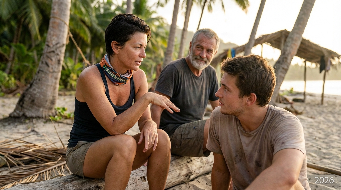 Survivor Tribal Council set at night with torches