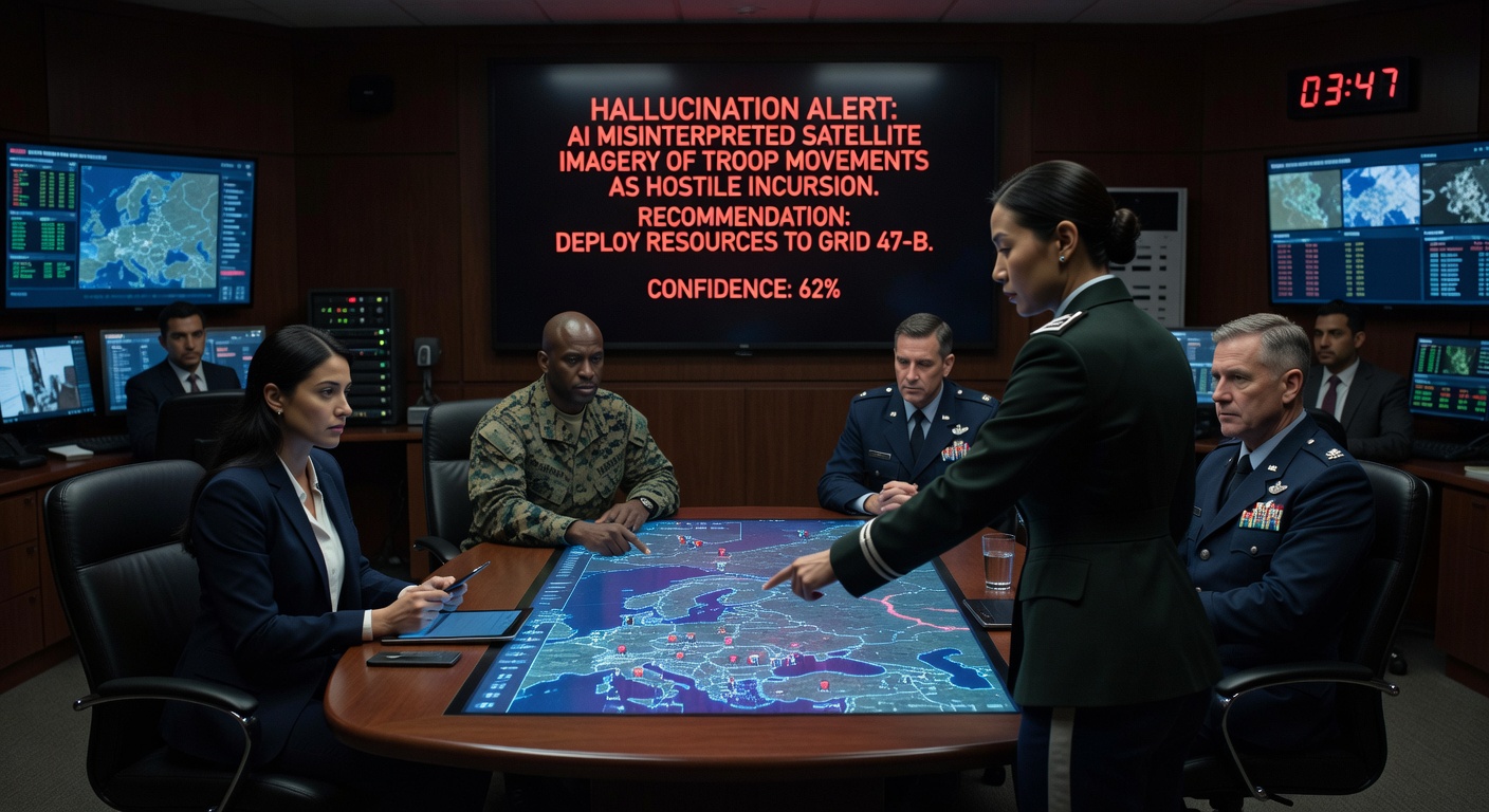 Military situation room with holographic map and AI interface showing low confidence warning.