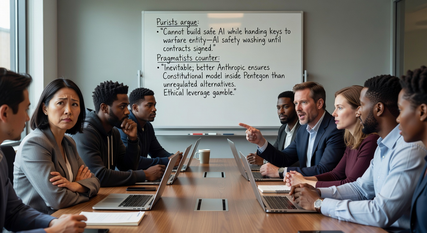 Tech journalists and ethicists debating around a table.