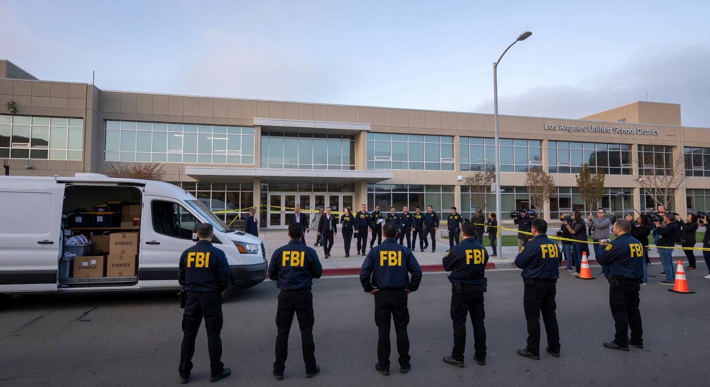 FBI agents standing outside the Los Angeles School District administration building during a surprise raid.