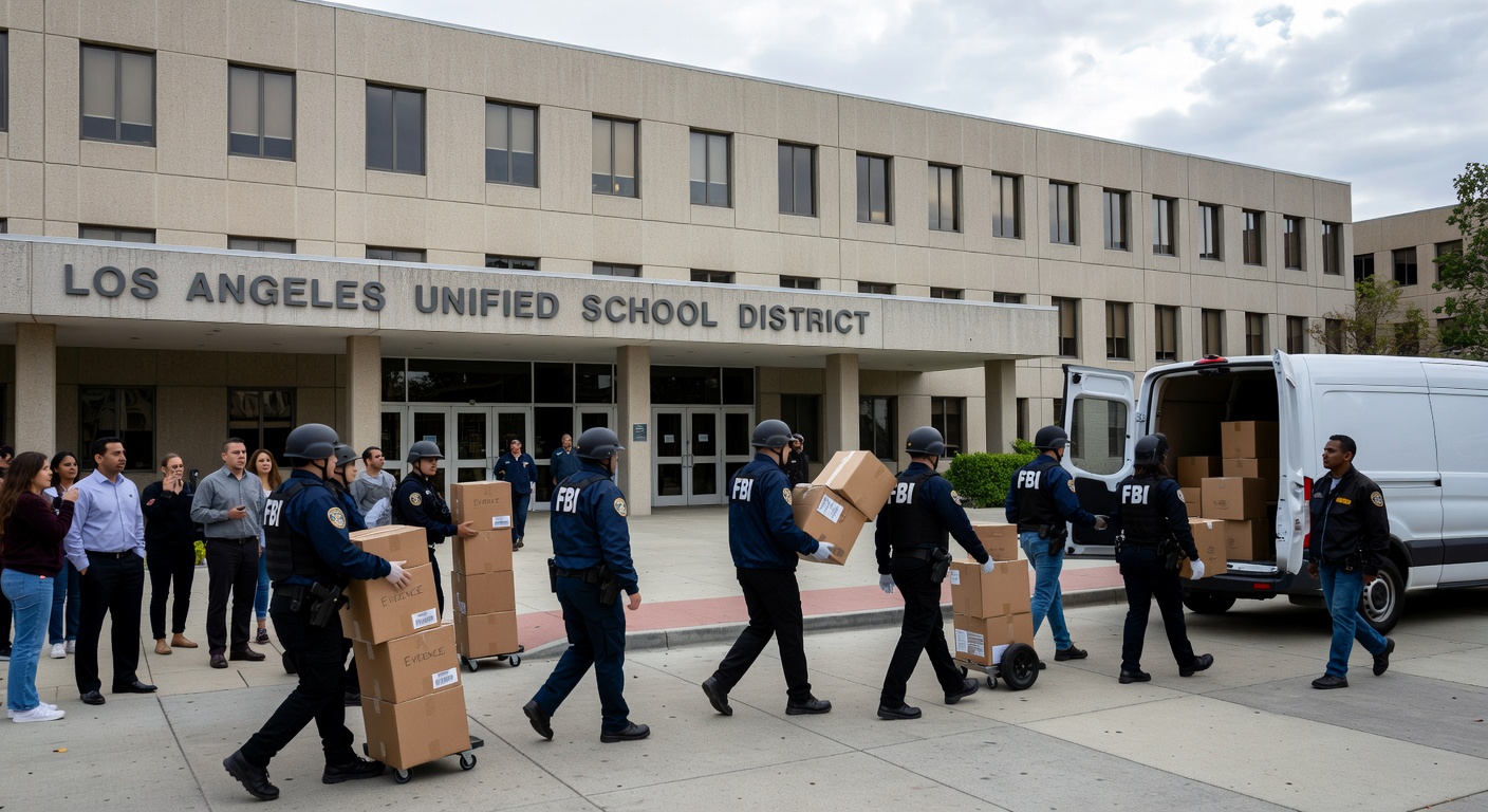Close up of evidence boxes being carried out of an office during an investigation.