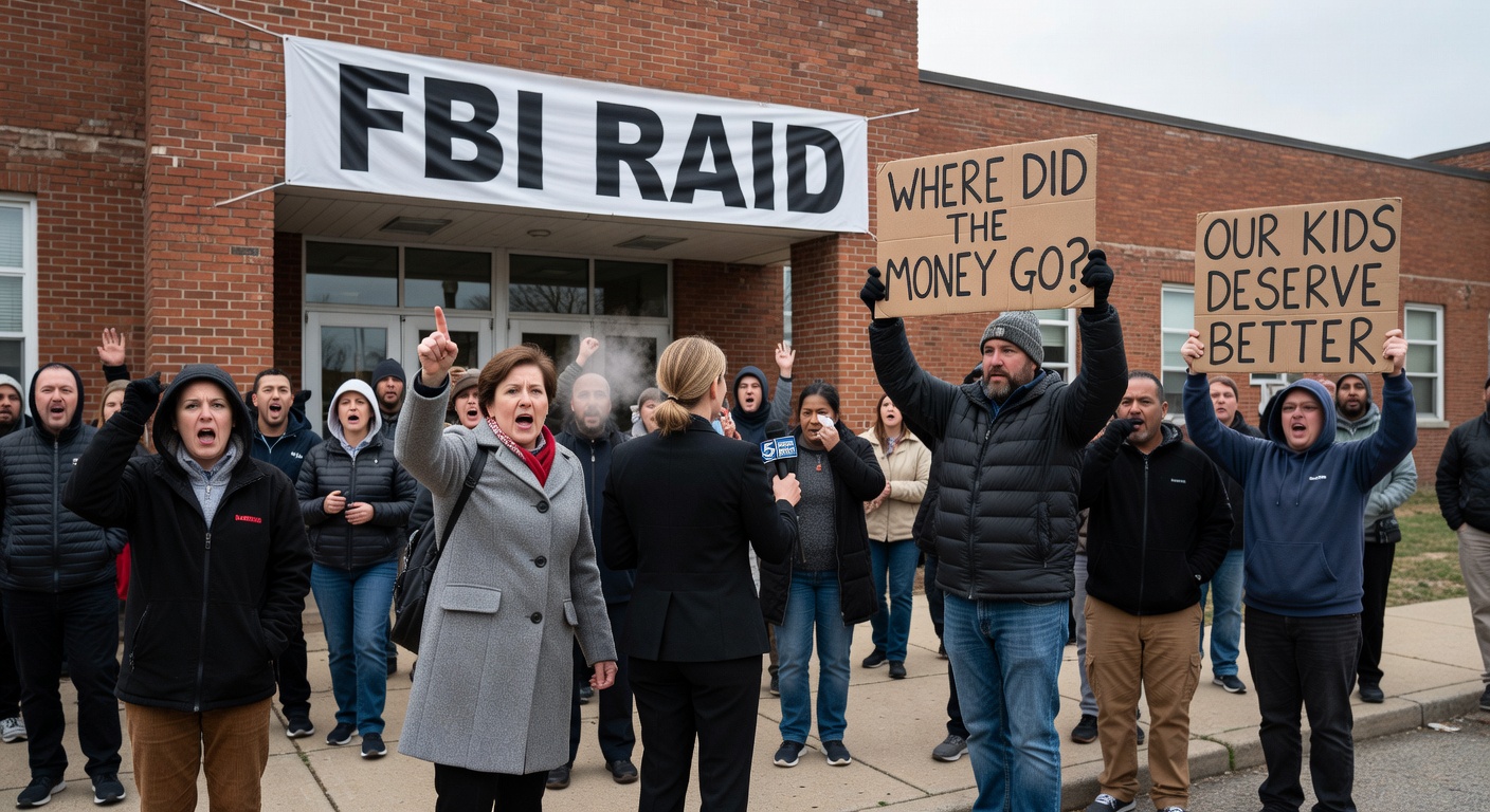 Concerned parents and community members discussing news outside a school.