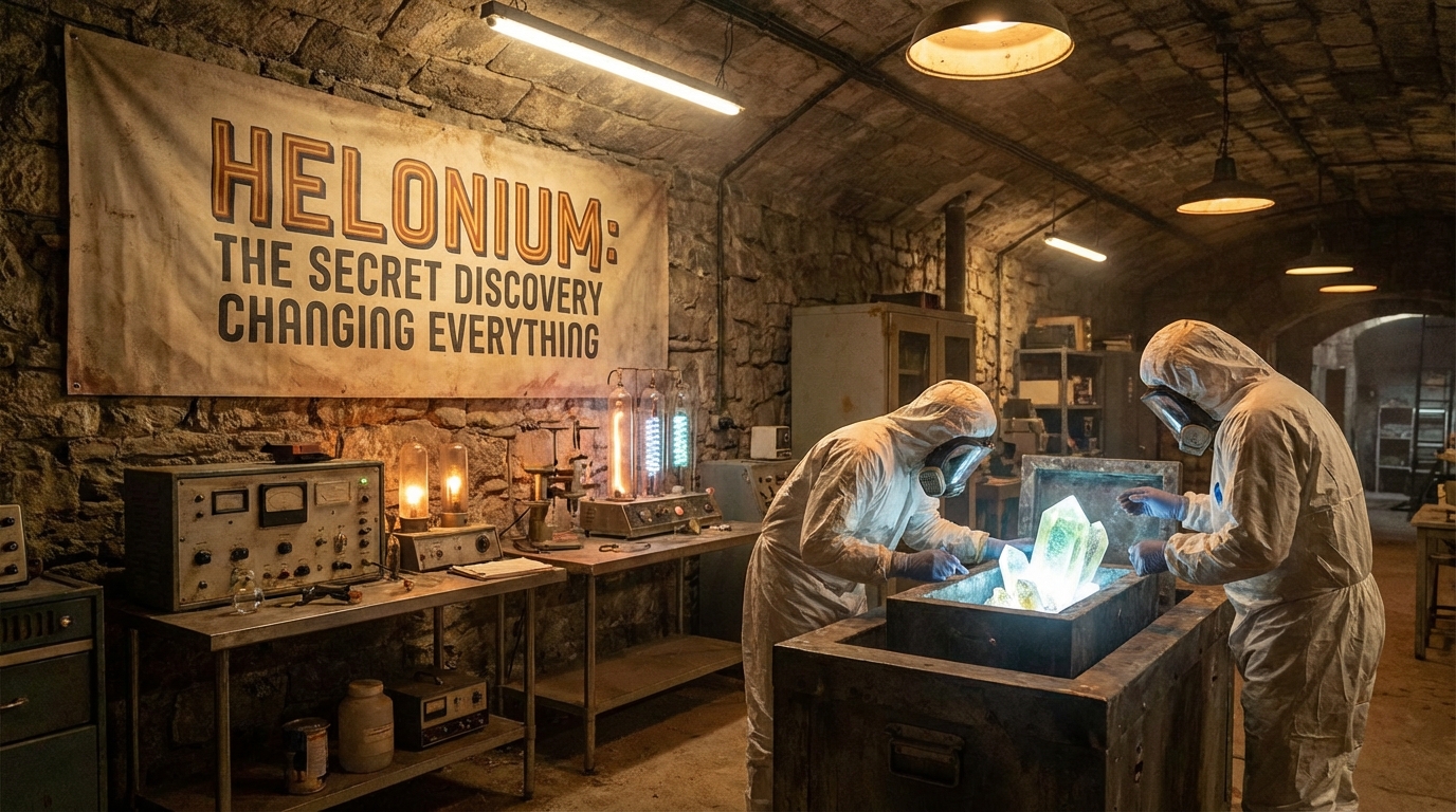 A glowing shard of Helonium suspended in a high-tech laboratory containment unit