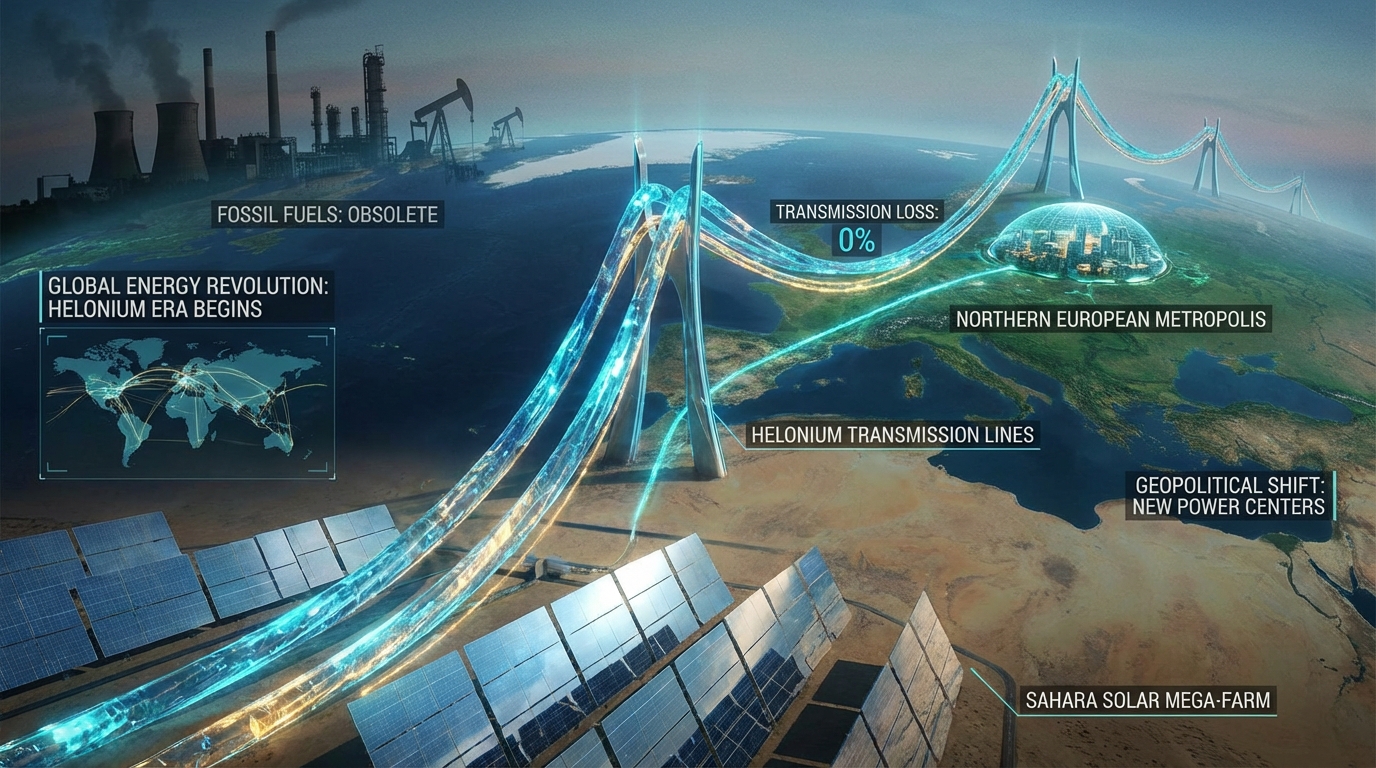 Futuristic city skyline powered by efficient Helonium energy grids