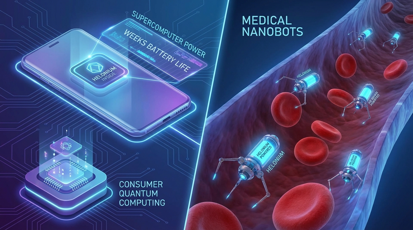 Futuristic smartphone with a visible Helonium processor chip projecting a hologram