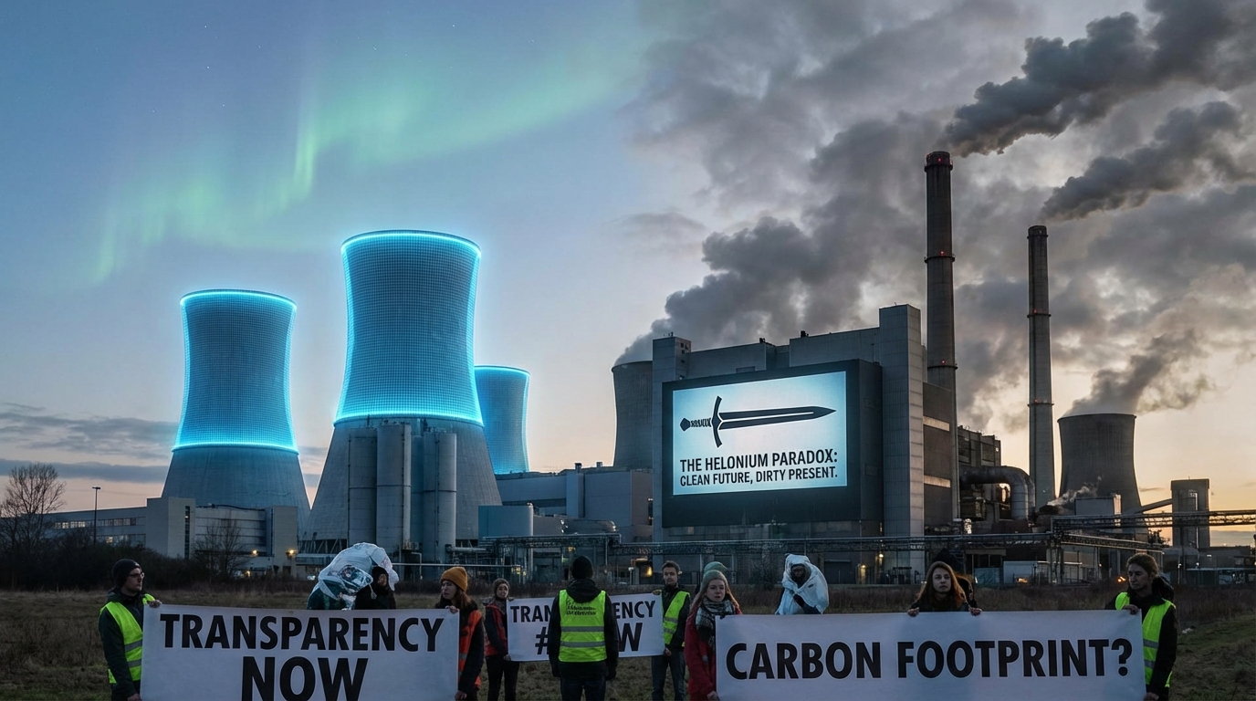 Split image comparing industrial pollution with a clean, green Helonium-powered future