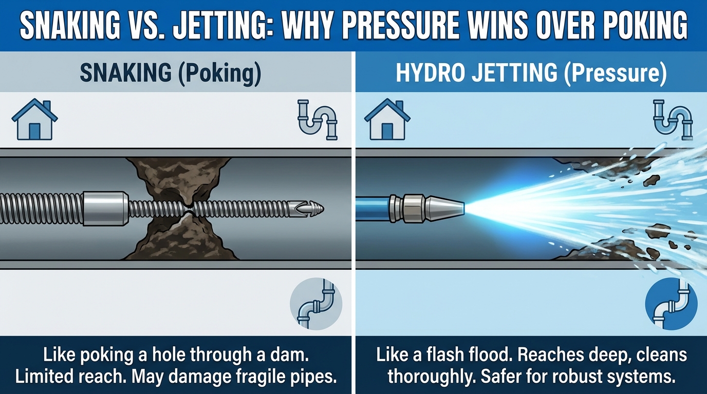 A side-by-side comparison of a traditional metal plumbing snake and a modern hydro jetting hose