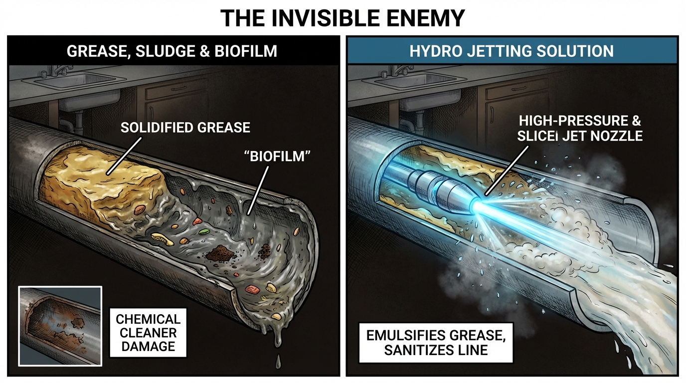 Macro view of high-pressure water blasting away grease buildup inside a pipe