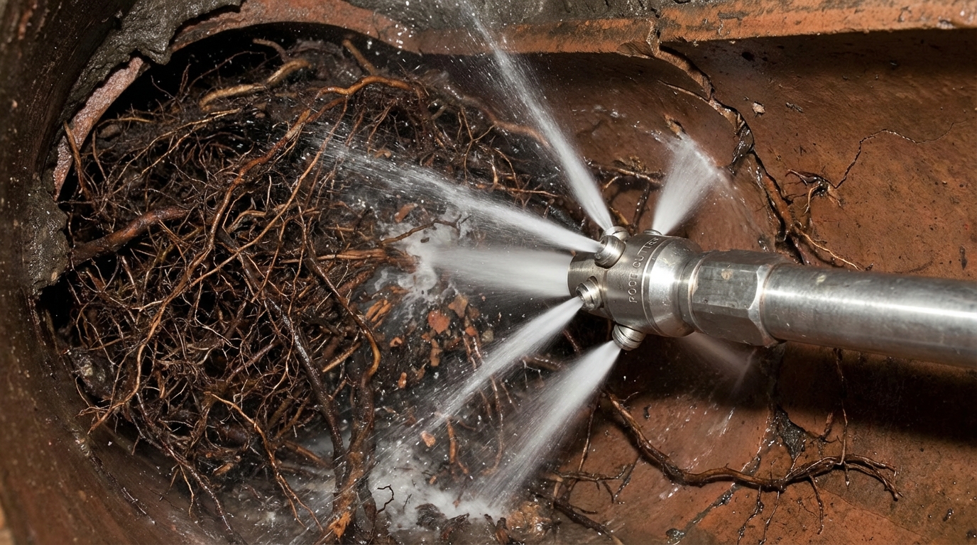 Underground view of tree roots penetrating a sewer pipe being cleared by hydro jetting