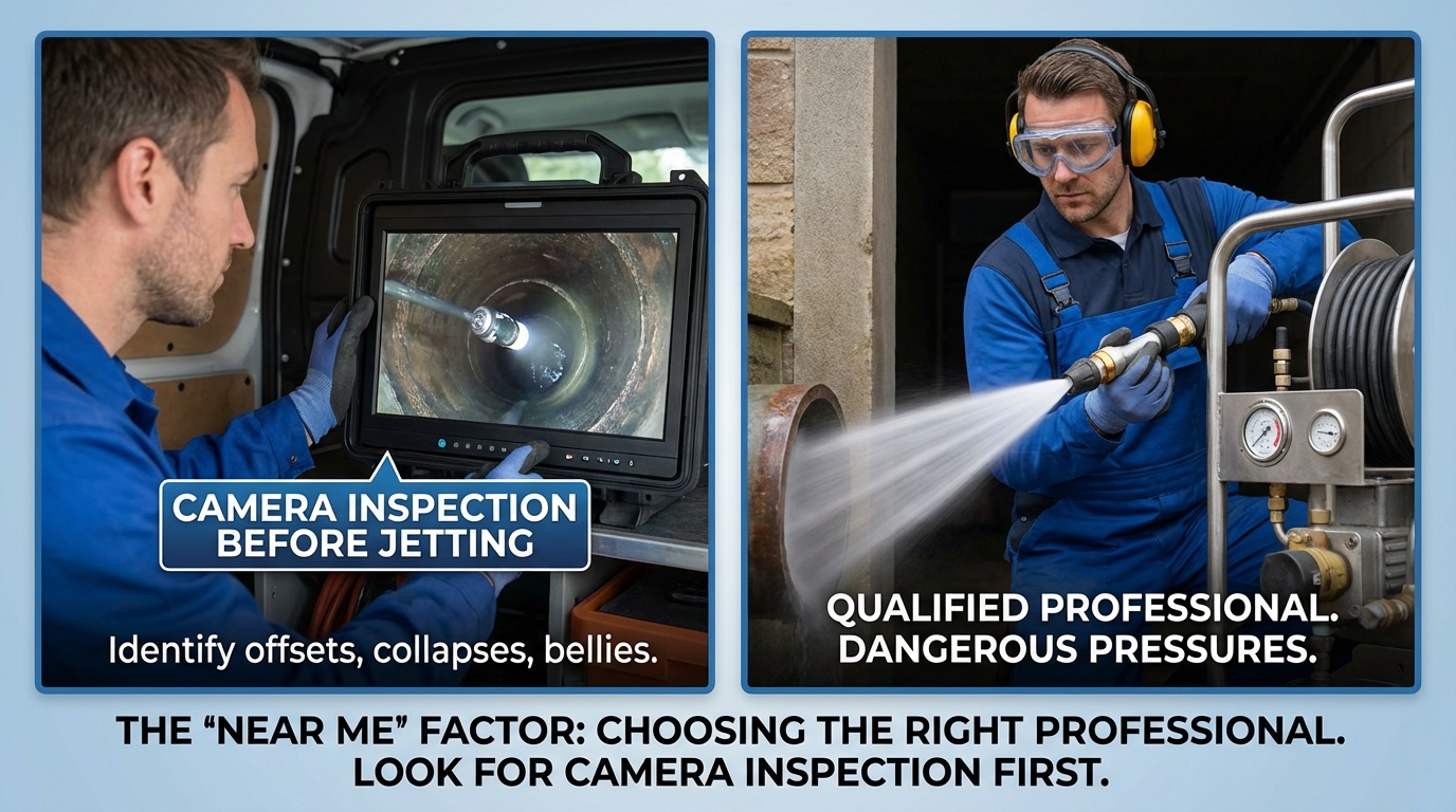 A professional plumber performing a video camera inspection of a drain line before hydro jetting