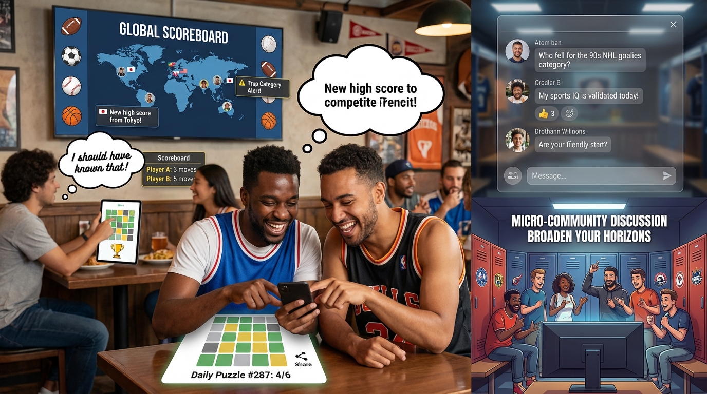 Friends at a sports bar sharing puzzle results on phones