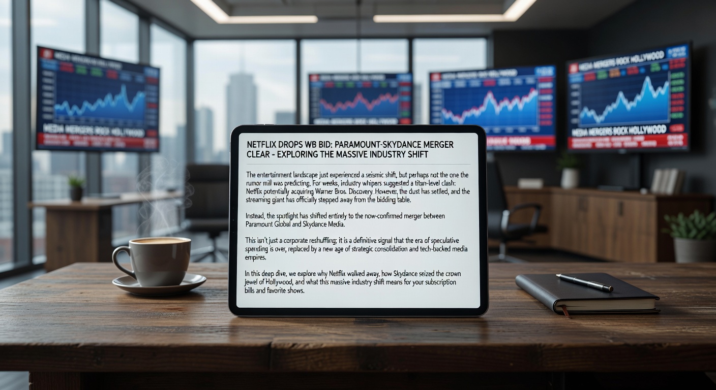 Split screen showing Netflix corporate office and Paramount studios gate symbolizing the media merger news