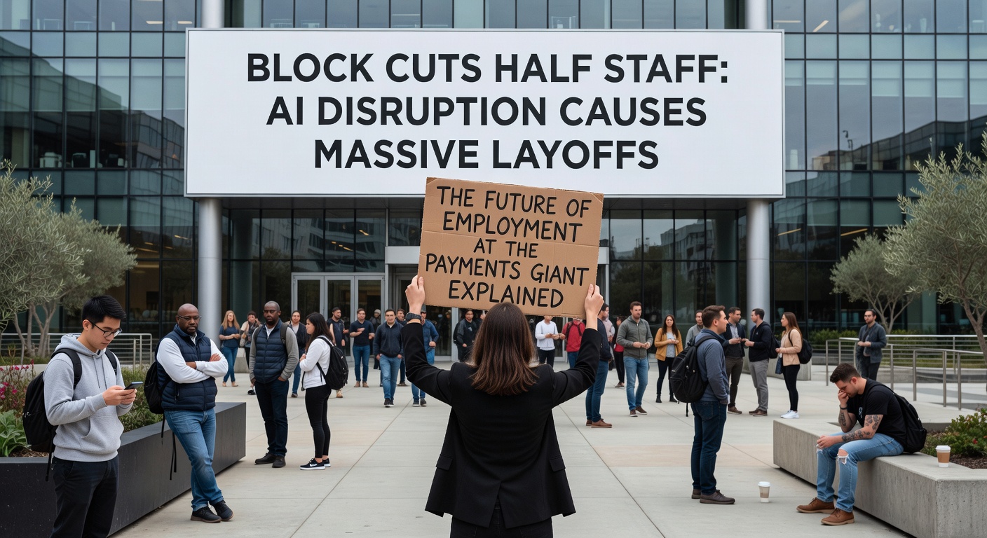 Block Inc headquarters silhouette with employee leaving, representing layoffs