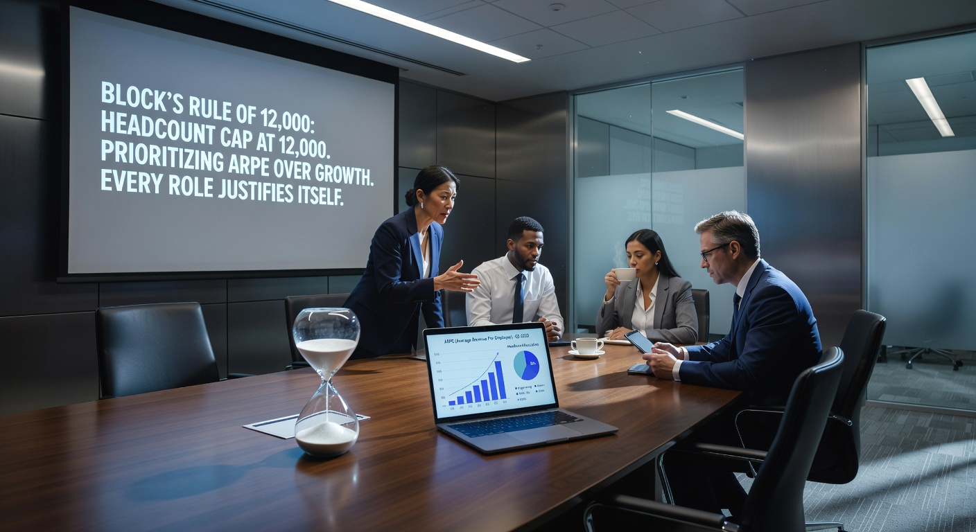 Tech CEO analyzing a descending graph representing workforce reduction cap