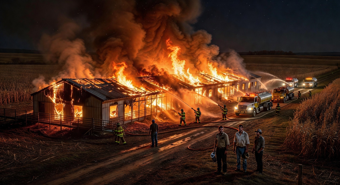 Nighttime view of a massive barn fire in Ohio engulfing the structure in flames