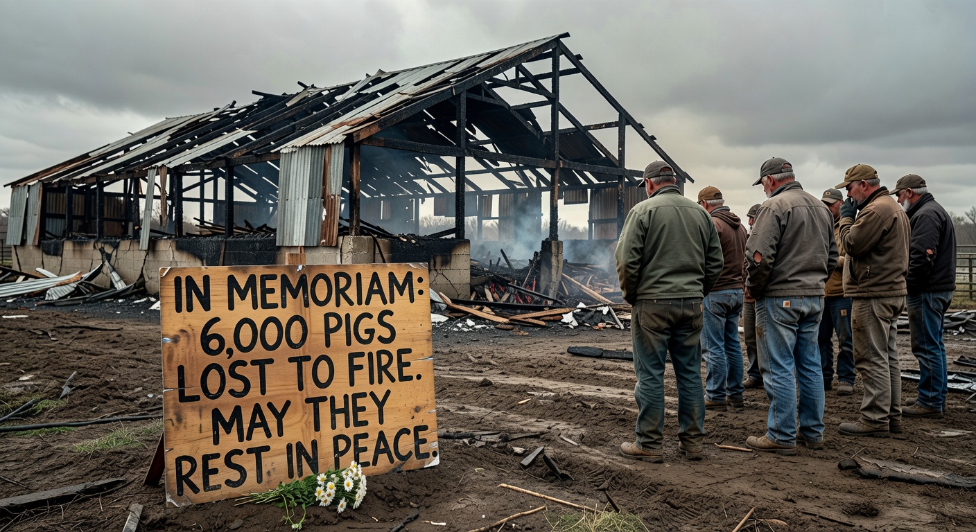 Smoldering ruins of a barn in the morning light with a feed bucket in the foreground